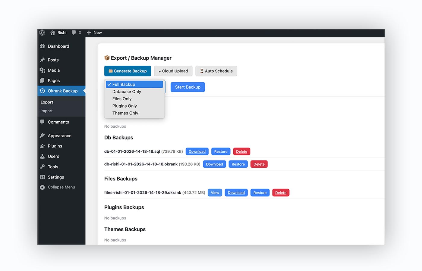 WordPress Backup Types Selection
